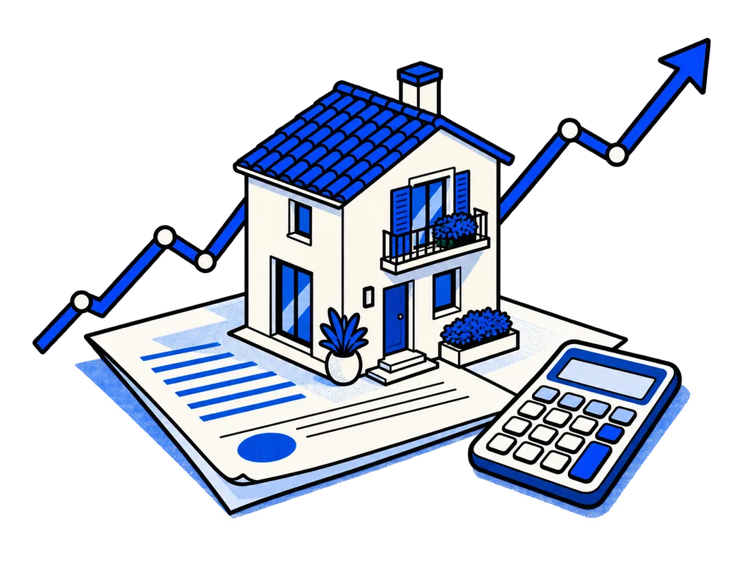 Ilustración de una casa, un documento hipotecario y una calculadora